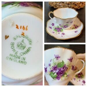 Salisbury Bone China England Purple Violets Teacup and Saucer Set Gold Gilt 2166